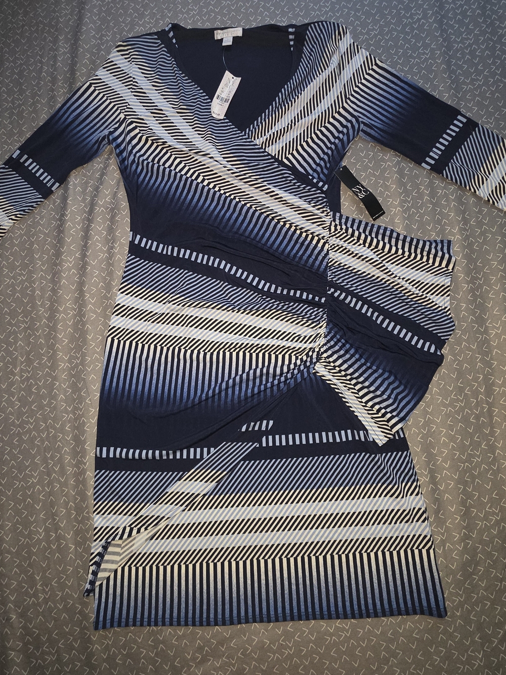 New York & Company Navy and White Striped Long-Sleeve Wrap Dress